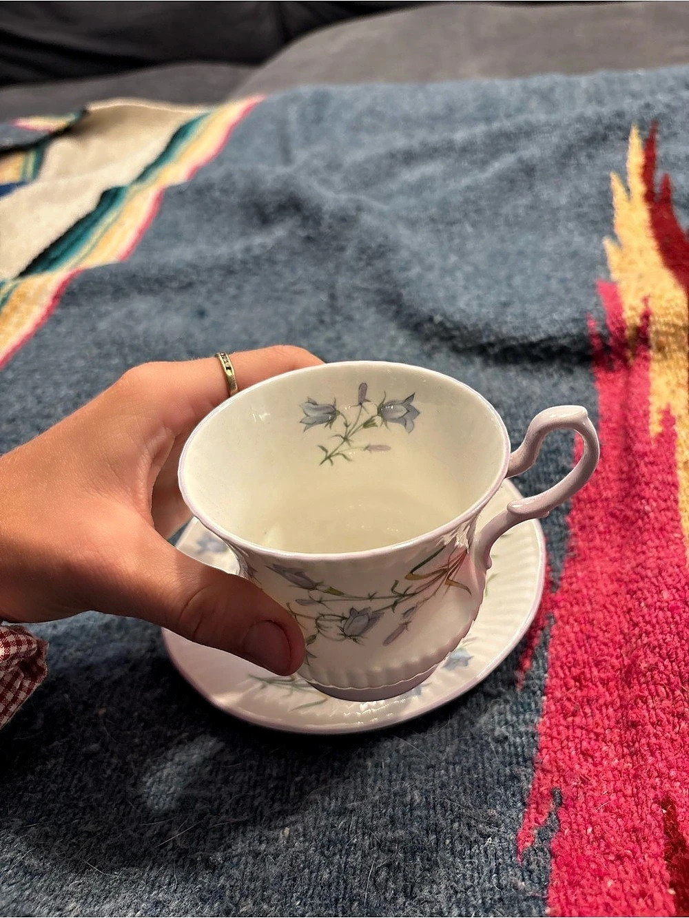 Queen's Floral Teacup & Saucer Set in White & Blue - Picture 4 of 6